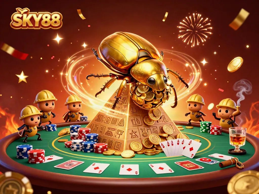 Experience the excitement of SKY88 with vibrant casino game elements and engaging characters.