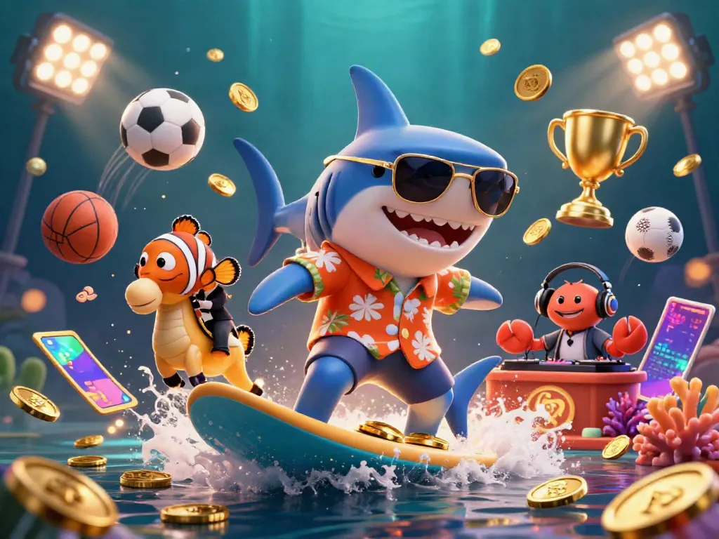Soi kèo action depicted with a hammer-head shark surfing gold coins, celebrating sports betting.