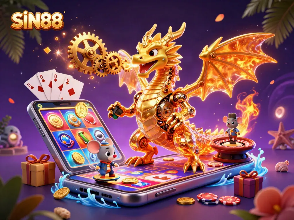 SIN88 features a golden dragon amidst gaming elements, showcasing excitement and luxury in online gambling.