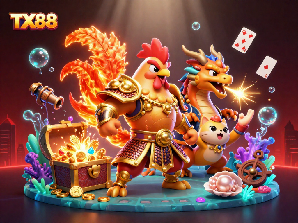Experience the excitement of TX88 with a dynamic 3D casino illustration featuring adventure and thrills.