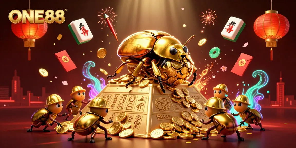 Experience ONE88 with a vibrant illustration of golden beetles amidst dynamic casino elements and energies.