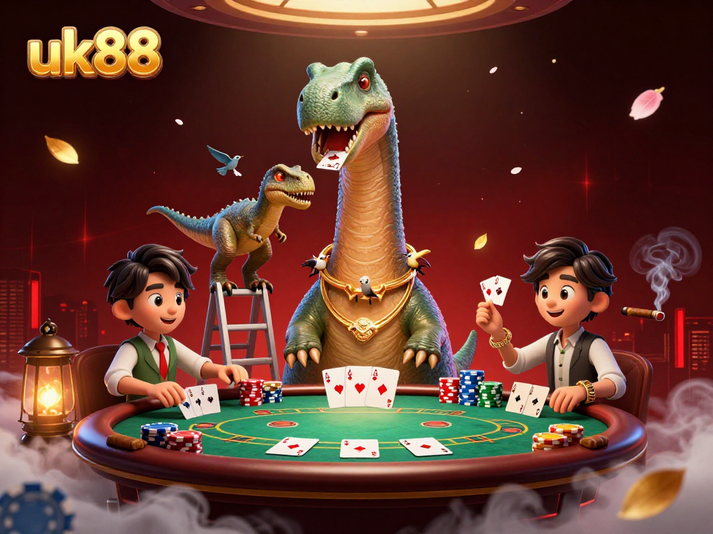 Engage with the thrilling atmosphere at uk88, showcasing a whimsical casino scene filled with animated characters.