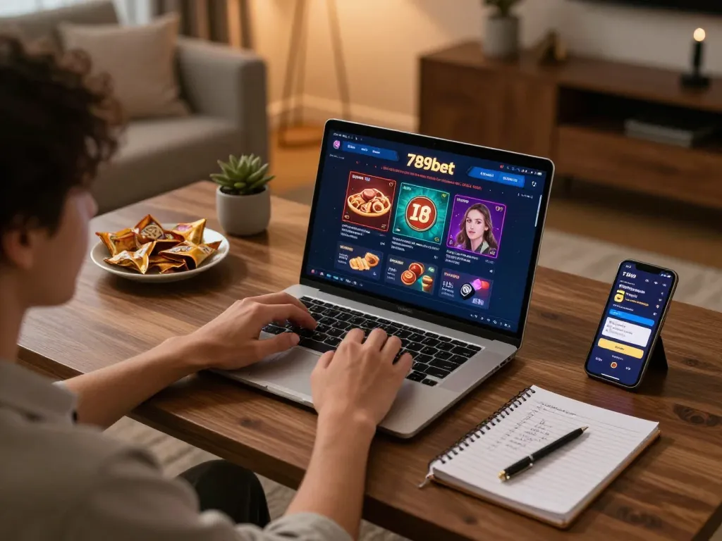 Player engaging with p789bet casino platform on a laptop in a cozy home gaming setup.