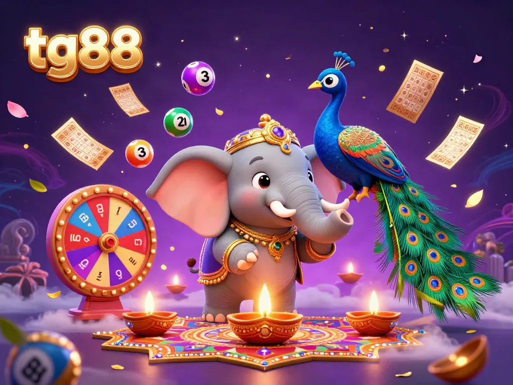 Engage with tg88's vibrant gaming universe featuring a rich 3D illustration of a Diwali-themed elephant.