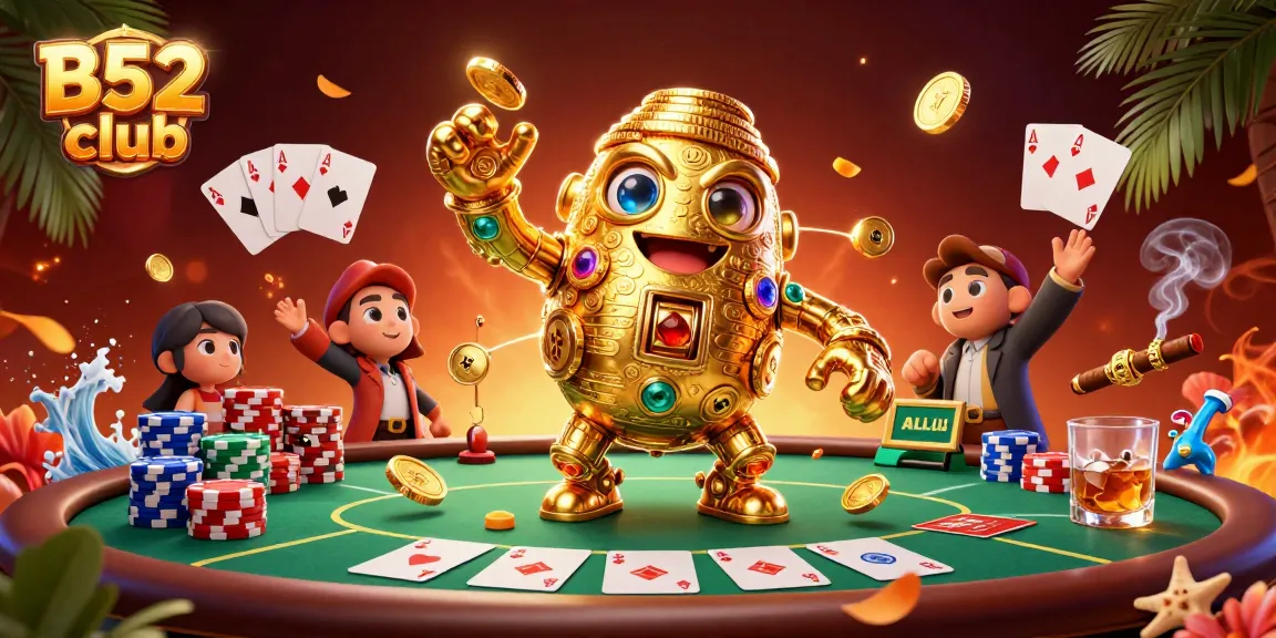 B52 club's vibrant gaming scene showcases exciting poker action and a golden golem amidst dynamic casino elements.