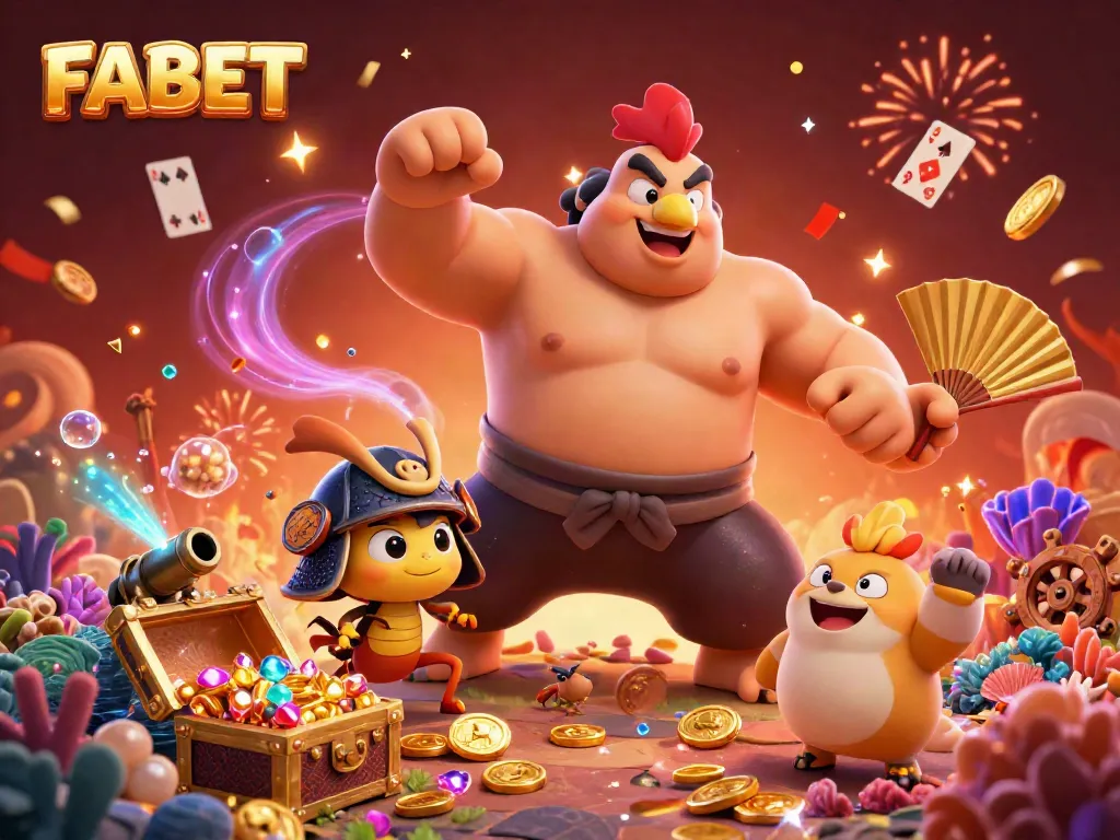Join FABET's thrilling casino experience with a colorful 3D illustration showcasing an adventure-filled gambling world.