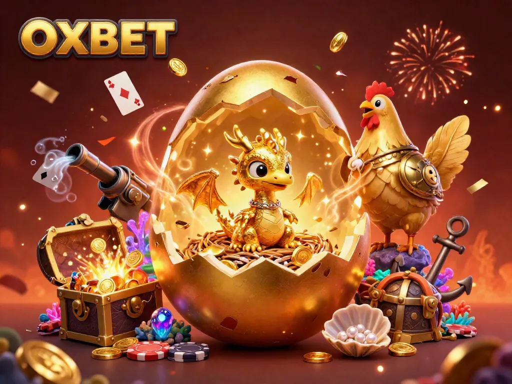 Experience top-tier online gaming at OXBET with a golden dragon and poker chips.