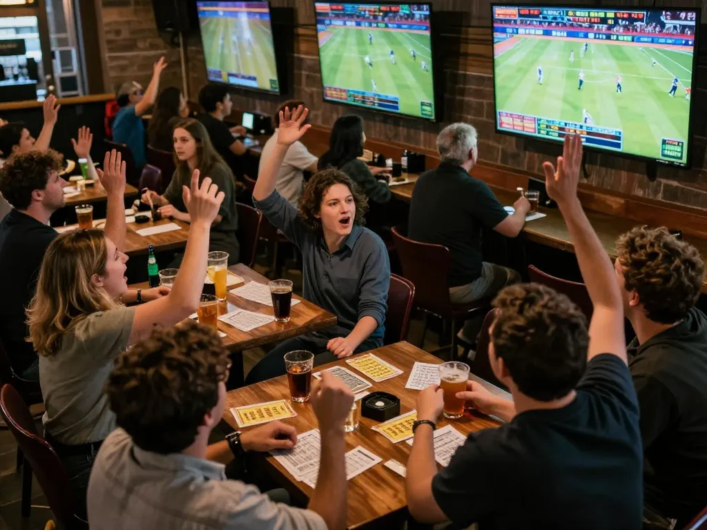 Excited bettors engaging in sports betting at a lively bar with screens displaying games, featuring say88 atmosphere.