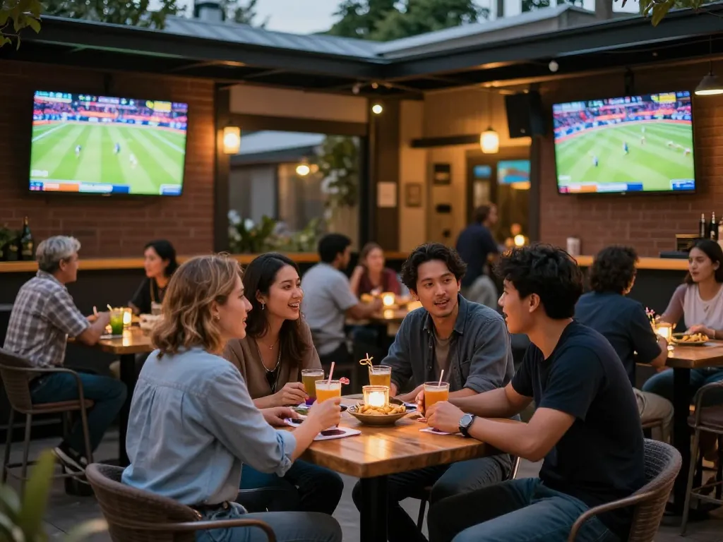 Tic88 sports bettors engaging in live matches at a vibrant outdoor bar terrace.