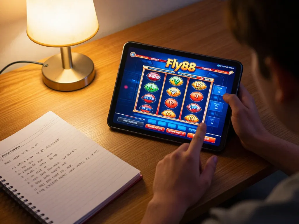 Player strategizing on fly88 casino app while enjoying a cozy home gaming setup.