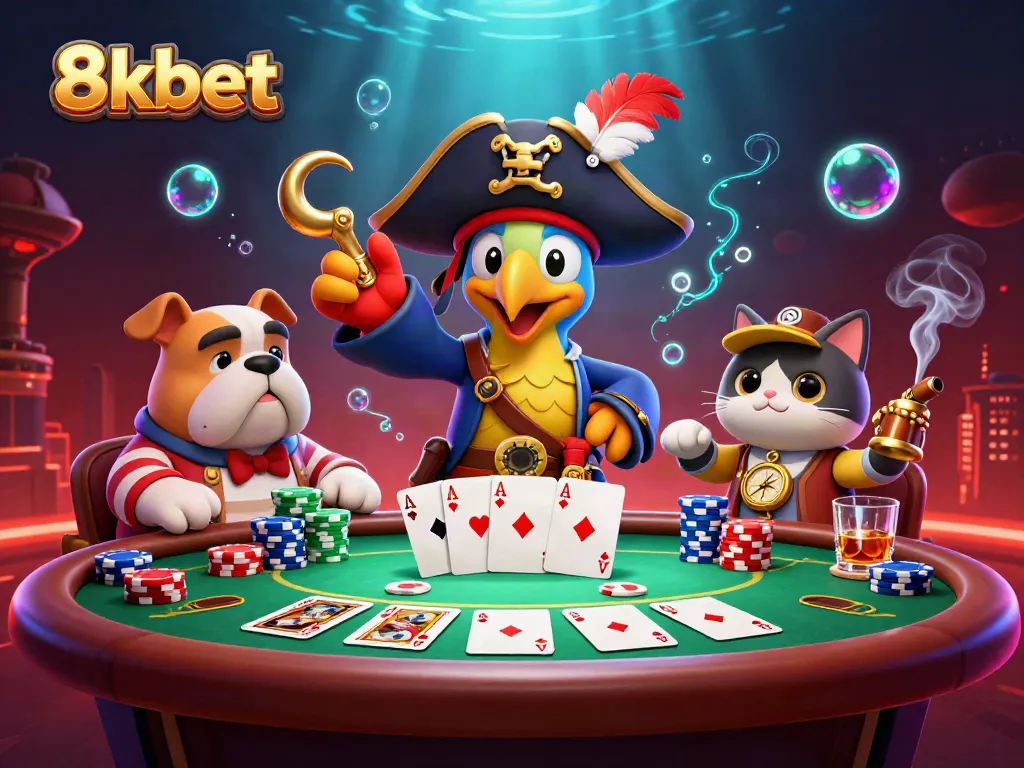 Exciting 8xbet scene featuring a pirate captain and friends at a vibrant poker table.