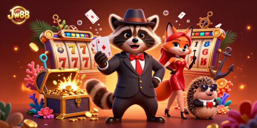 Experience thrilling gameplay with Jw88 in an exciting 3D casino scene featuring charming characters.