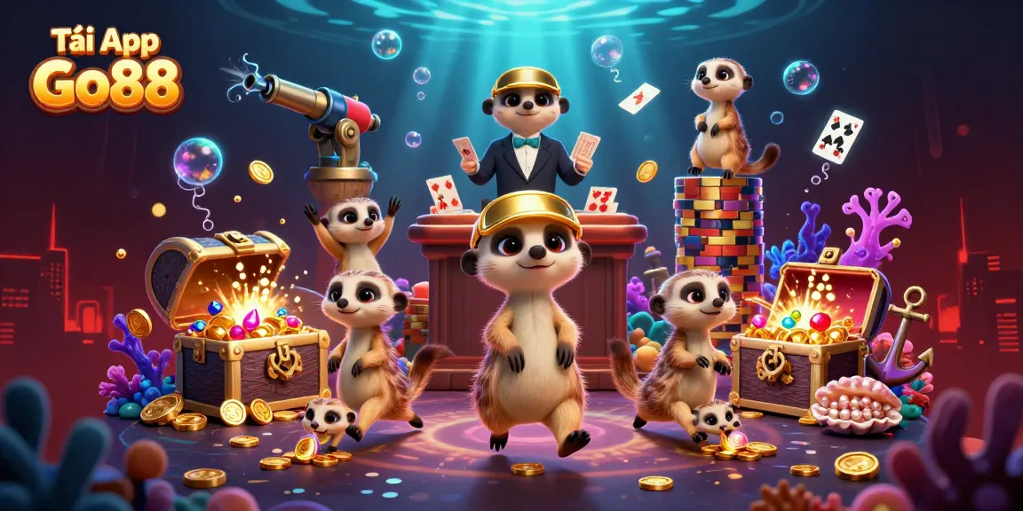 Tải App Go88 at the vibrant meerkat casino, showcasing animated characters amidst underwater treasures and games.