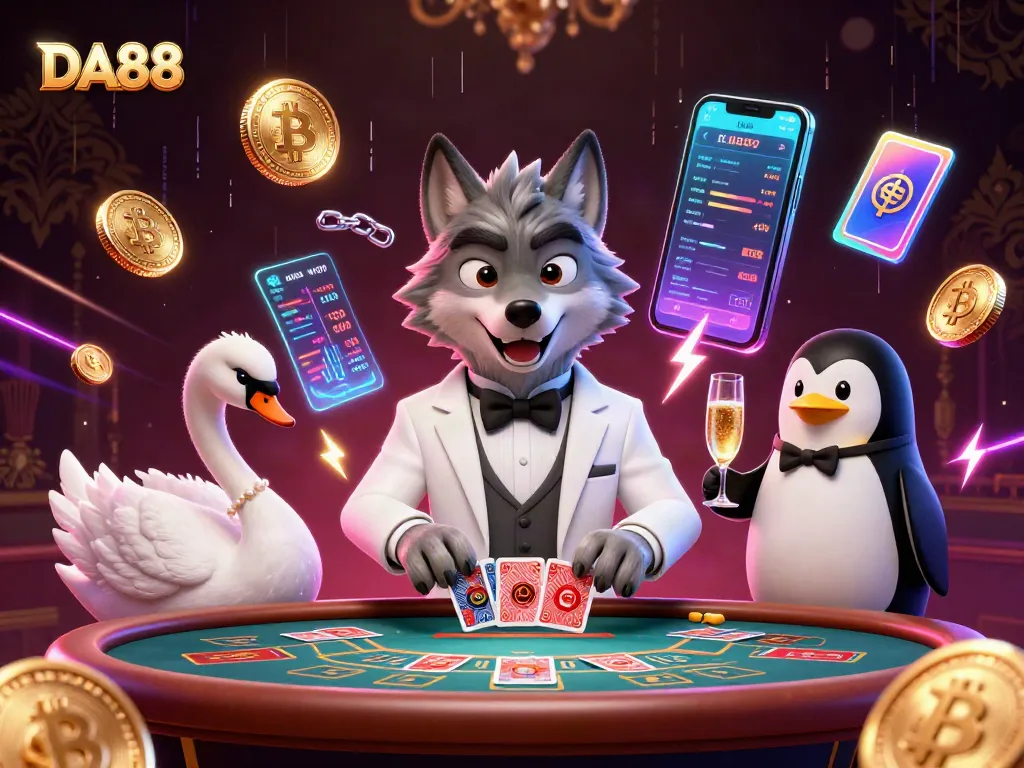Place bets on DA88 at the baccarat table with elegant characters and blockchain elements.