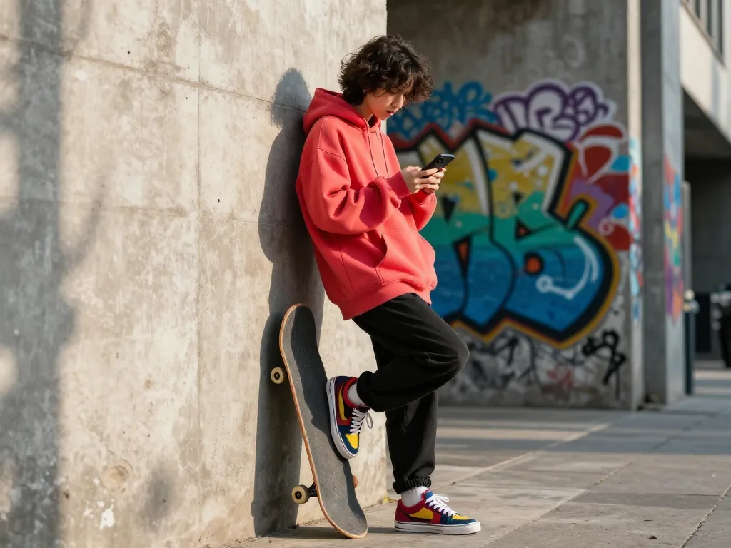 Stylish youth in urban setting showcasing streetwear lifestyle at https://7mvna.com/ with graffiti backdrop and skateboard.