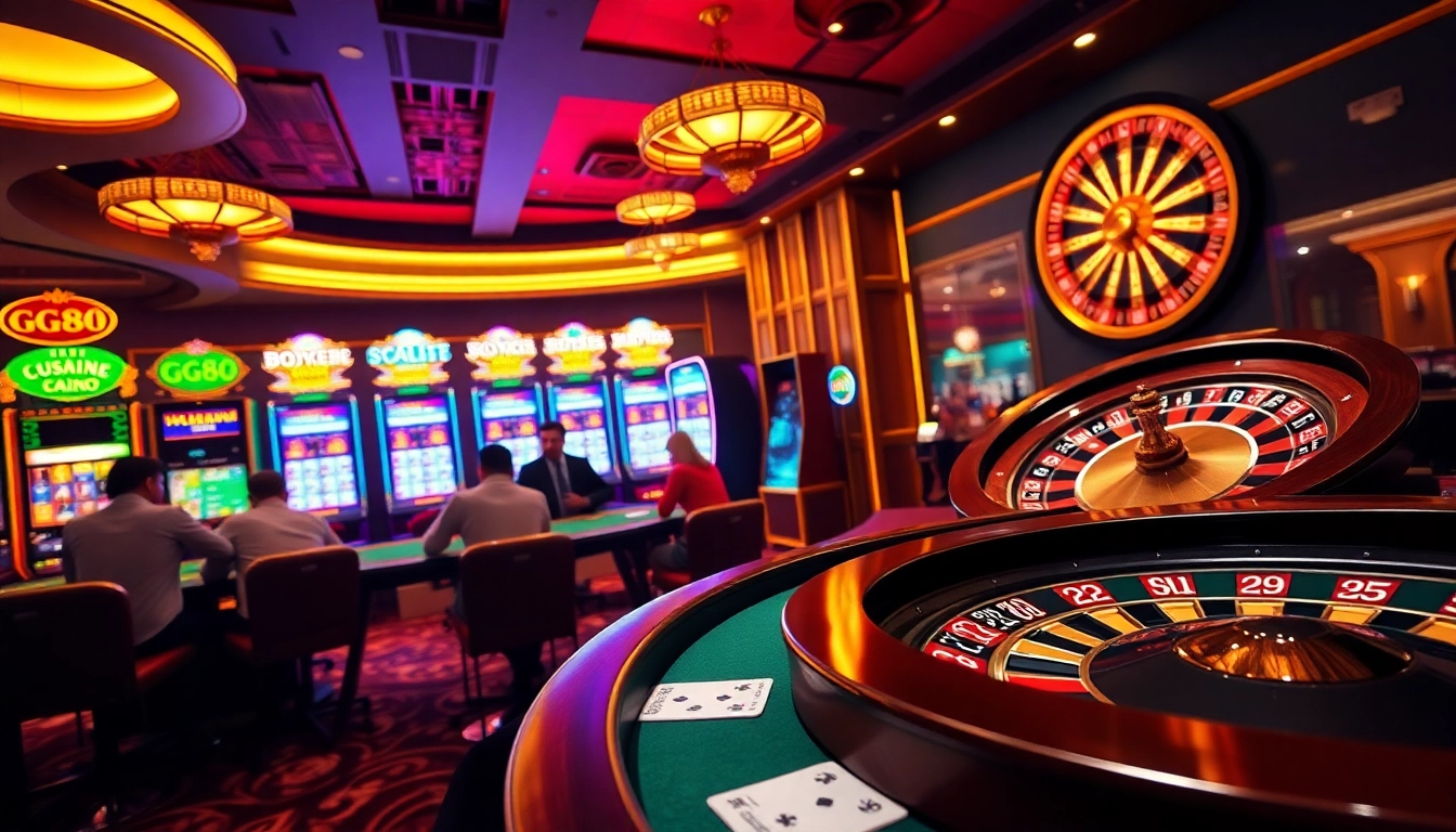 Experience thrilling casino gaming with GG88, featuring vibrant slot machines and a poker table.