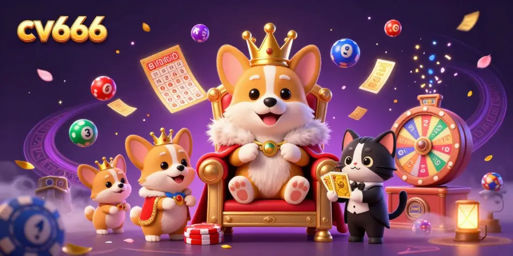 Experience thrilling gameplay on cv666 with a royal corgi king, colorful lottery elements, and vibrant casino ambiance.