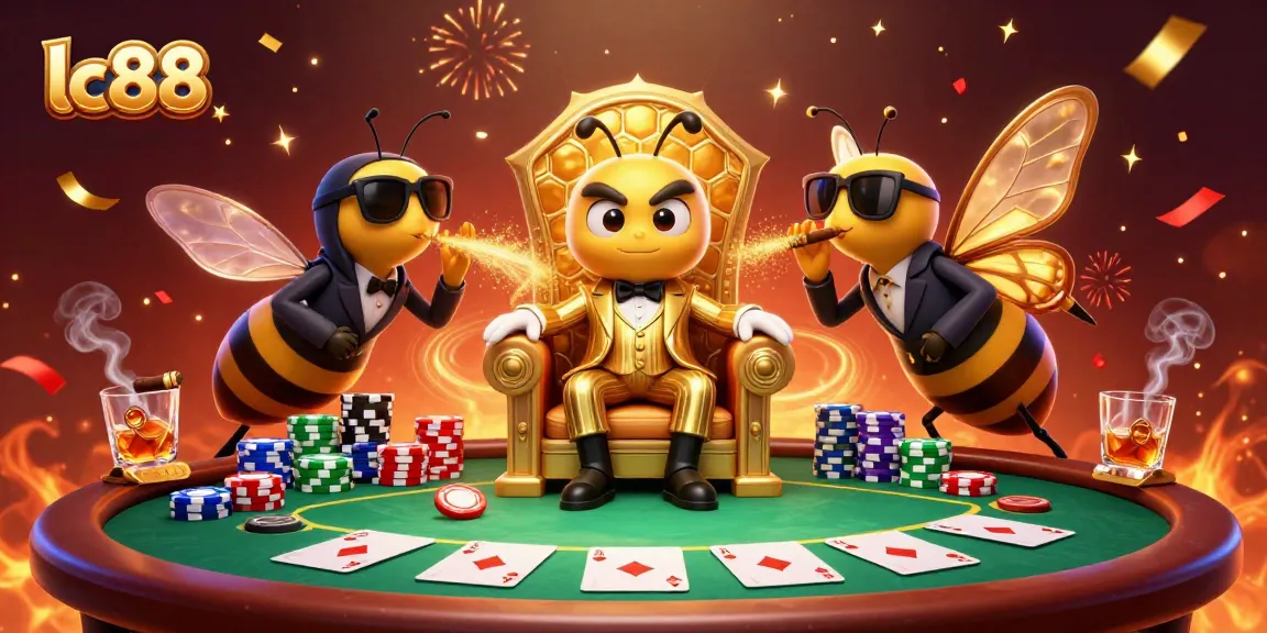 Experience the excitement of lc88 in a vibrant casino scene with cartoon bumblebee mob boss and poker elements.