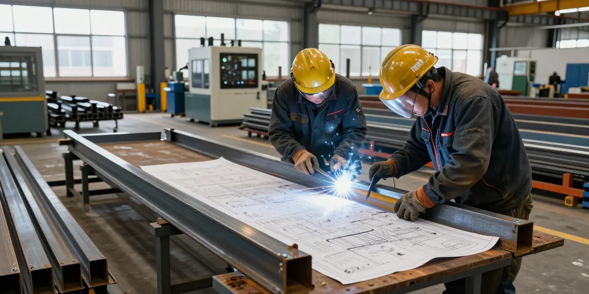 Commercial steel company workers assembling metal structures with precision in a modern workshop.