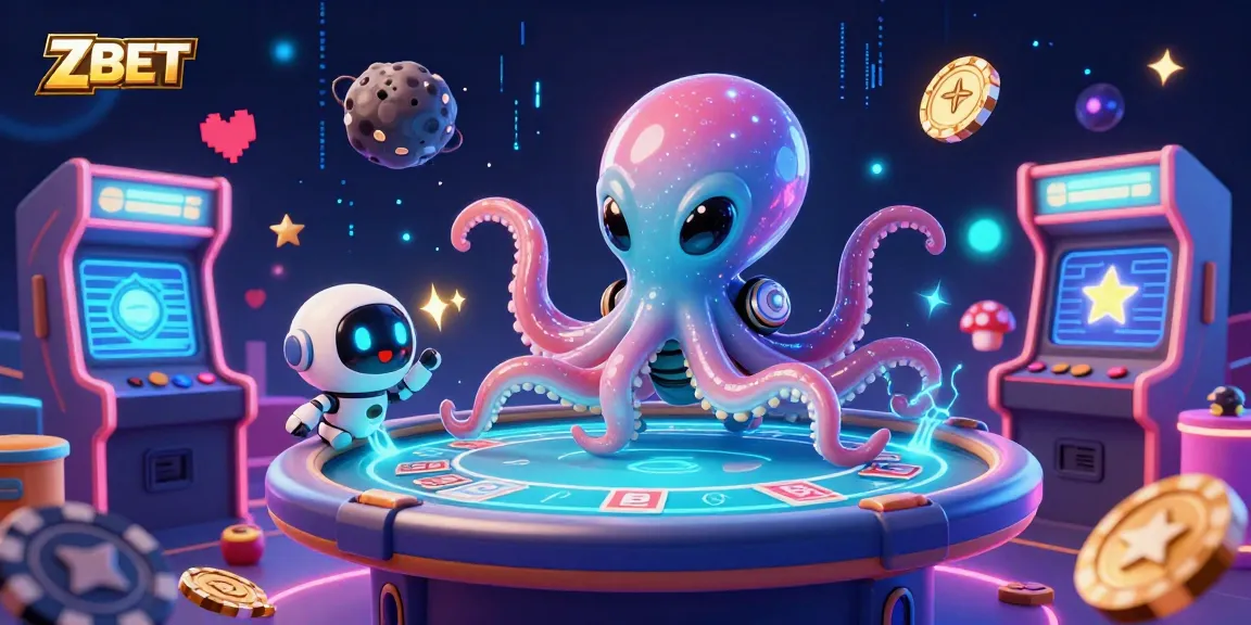 ZBET showcases a vibrant 3D alien octopus running a holographic poker table, surrounded by arcade machines.