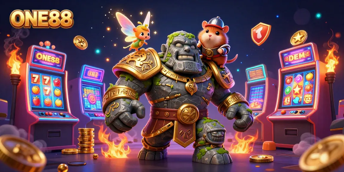ONE88 slot adventure featuring a magical stone golem guardian, fairy, and hamster knight in an enchanting casino.