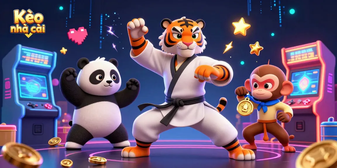 Kèo nhà cái depiction featuring a kung fu tiger master and his panda disciple with dynamic gambling-themed elements