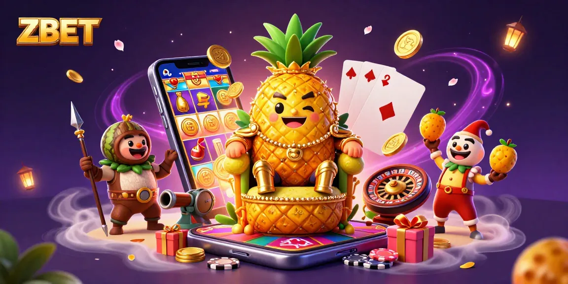 ZBET's golden pineapple king presides over a vibrant casino landscape, surrounded by colorful gaming elements.
