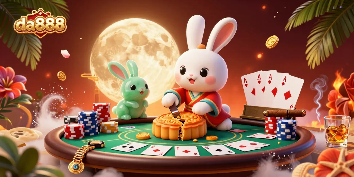 Engage with the da888 casino experience featuring a lunar rabbit cracking open mooncakes with poker chips.