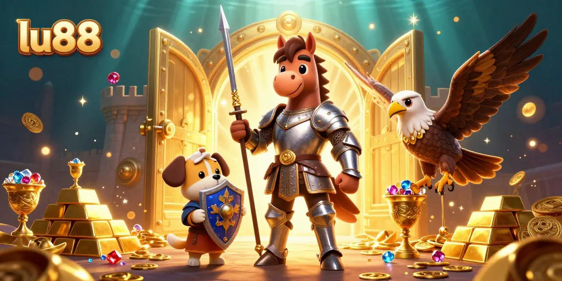 Experience thrilling excitement in a vibrant lu88 casino scene with a knight, puppy, and falcon.